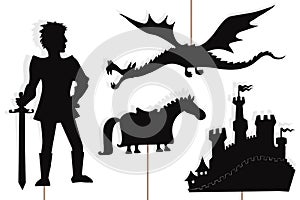 Dragon, knight, castle and horse shadow puppets