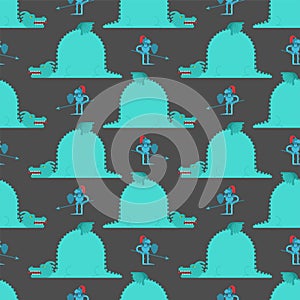 Dragon and knight pattern seamless. Fighting monster background. Fabulous backdrop. Baby fabric texture. Fairy ornament