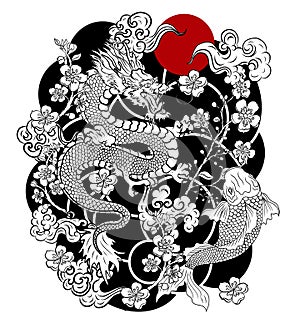 Dragon and koi fish battle on wave,