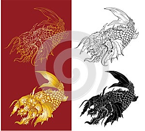 Dragon koi fish, Japanese carp line drawing coloring book vector image.