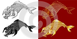 Dragon koi fish, Japanese carp line drawing coloring book vector image.