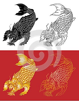 Dragon koi fish, Japanese carp line drawing coloring book vector image.