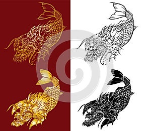 Dragon koi fish, Japanese carp line drawing coloring book vector image.