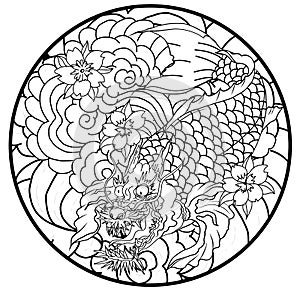 Dragon koi fish, Japanese carp line drawing coloring book vector image.