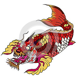 Dragon koi fish, Japanese carp line drawing coloring book vector image.