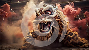 Dragon or lion dance show barongsai in celebration chinese lunar new year festival. Generative AI