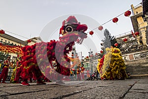 SAIGON, VIETNAM - FEB 15, 2018 - Dragon and lion dance show in chinese new year festival.