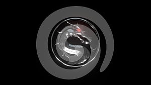 Dragon logo of metal, red glowing eye in round ring on black background. Mortal Kombat. Film and game concept