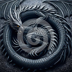 Dragon made of car tires. Motorcycle tire. Auto Racing Symbol. Tire tread texture.