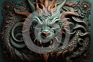 A dragon with a menacing look on its face is depicted on a blue and green background. The dragon\'s mouth is open