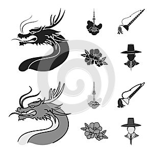 Dragon with mustache, Seoul tower, national musical instrument, hibiscus flower. South Korea set collection icons in