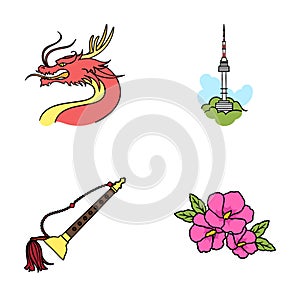 Dragon with mustache, Seoul tower, national musical instrument, hibiscus flower. South Korea set collection icons in