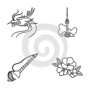 Dragon with mustache, Seoul tower, national musical instrument, hibiscus flower. South Korea set collection icons in