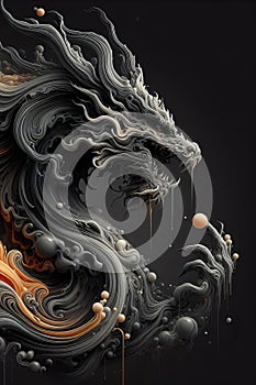 dragon with orange and black swirls on its head and body