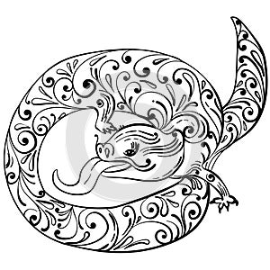 Dragon with ornate patterns is a symbol of the year of the Chinese horoscope, a meditative coloring page with a fantastic creature