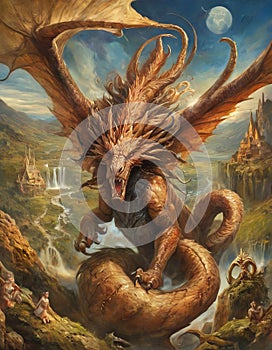 Dragon Over Fantasy Landscape