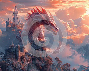 Dragon perched atop a castle