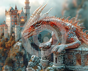 Dragon perched atop a castle
