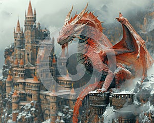 Dragon perched atop a castle photo
