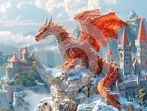 Dragon perched atop a castle photo