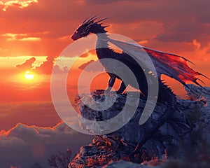 Dragon perched atop a craggy cliff at sunset
