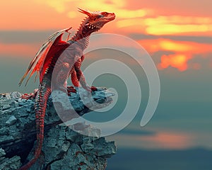 Dragon perched atop a craggy cliff at sunset photo
