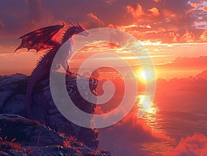 Dragon perched atop a craggy cliff at sunset photo