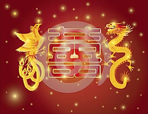 Dragon and Phoenix Double Happiness Red Background