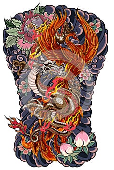 The Dragon and Phoenix fire bird with Peach juice and peony flower,cherry blossom,peach blossom on cloud background.