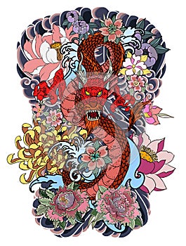 The Dragon and Phoenix fire bird with Peach juice and peony flower,cherry blossom,peach blossom on cloud background.