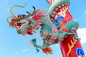 Dragon pillars sculpture at chinese temple on blue sky background