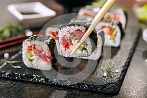 Dragon Roll or Dragon Unagi Maki Rolls Close Up