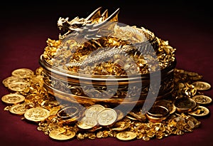 A dragon-s hoard filled with treasure and gold photo