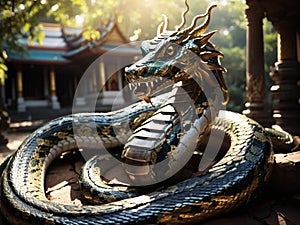 Dragon\'s mystical presence bridges the realms of nature and temple, infusing the surroundings with a sense of awe and wonder