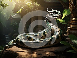 Dragon\'s mythical aura resonates harmoniously with the tranquility of nature and the sanctity of the temple, creating a