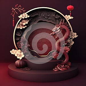 Dragon`s Stage: A 3D Round Podium and Square Podium with Chinese New Year Paper Art Decorations for Festivals and Celebrations.