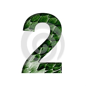 Dragon scale font. Digit two, 2 cut out of paper on the background of the dark green skin of a mystical dragon with scales. Set of