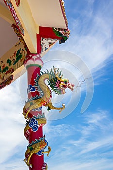 Dragon sculpture in Chinese temple with blue sky