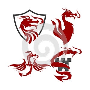 Dragon Shield Castle Logo Design Mascot Template Vector Set