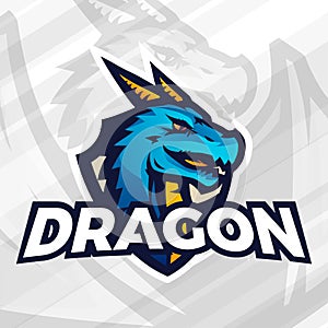 Dragon on shield sport mascot concept. Football or baseball patch design. College league insignia.