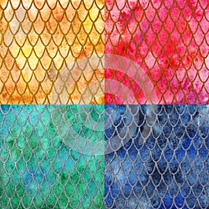 Dragon skin scales pattern texture background four colors set