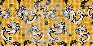 Dragon, snake seamless pattern with geometric maze texture background. Chinese new year, year of the dragon,