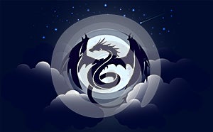 The dragon spread its wings against the full moon. Vector illustration