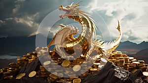 Dragon on the stack of gold. Generative AI
