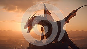 dragon statue on the background of the city at sunset. 3d render