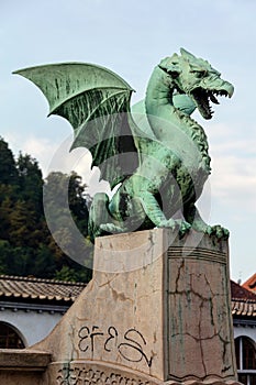 Dragon statue on the Dragon Bridge in Ljubljana, Slovenia