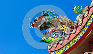 dragon statue on roof of chinese temple with blue sky