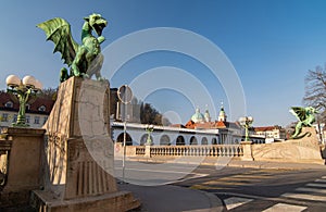 Dragon statues on Ljubljanas Dragon bridge on a bright sunny day, Ljubljana, Slovenia