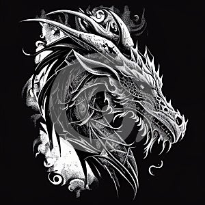 Dragon Tattoo Isolated, tribal wyvern silhouette, Black White Dragon, Abstract Generative AI Illustration