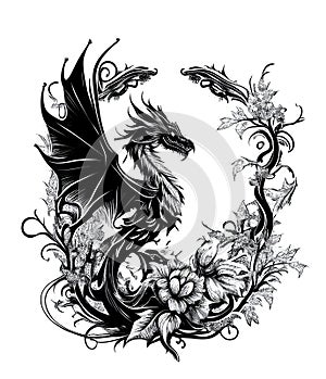 Dragon Tattoo Isolated, tribal wyvern silhouette, Black White Dragon, Abstract Generative AI Illustration